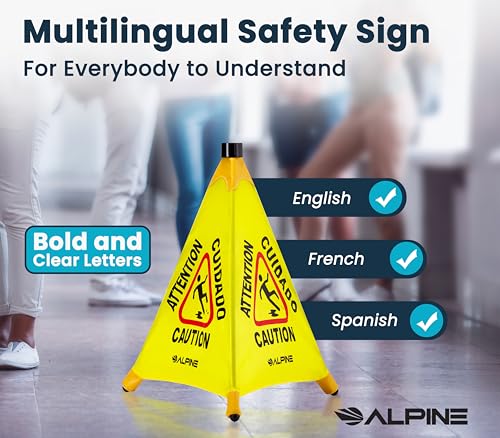Alpine Caution Wet Floor Sign - Pop Up Slippery When Wet Sign, Wall Mounted Foldable Bilingual Yellow Safety Warning Caution Cone For Commercial & Office Use (30 Inches) - size: 30 inches