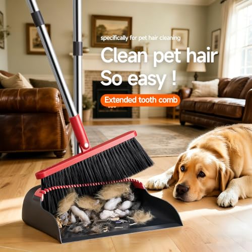 Broom and Dustpan Set, 52" Long Handle with Dust Pan Teeth, Red - color: Black & Red