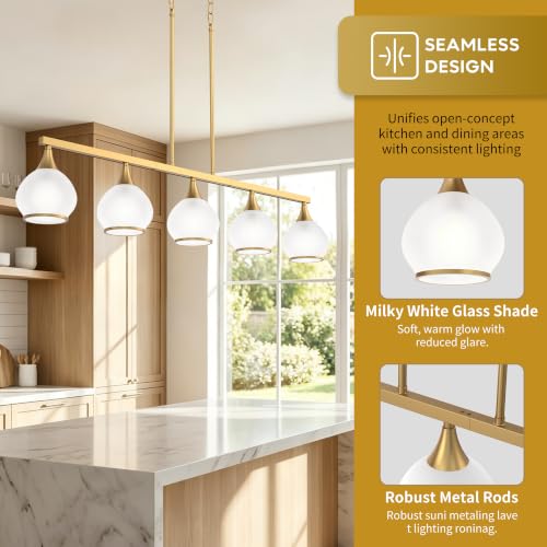 Phaosio Brushed Gold Kitchen Island Linear Pendant Light, 5-Light - color: Gold (White Glass Shades), size: 5-Light