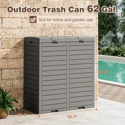 Fancyango Resin Outdoor Trash Can with Lid, 62 Gallon, Gray - color: Grey, size: 62 Gallon