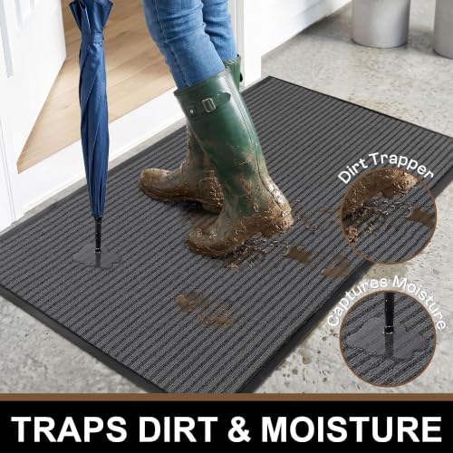 Front Door Mat Outside Entrance, 48" x 36" Heavy Duty Indoor Outdoor Doormat, Non-Slip, Trap Dirt, Low Profile Commercial Floor Mats for Entry, High Traffic Area, Grey Dual Stripes - color: Grey Dual Stripes, size: 48" x 36"