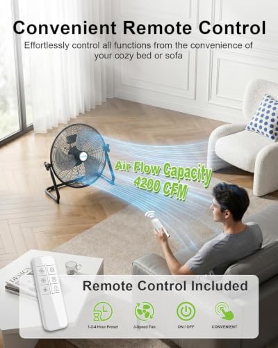 18" Industrial Floor Fan with Remote, High Velocity Heavy Duty Fan, 4200 CFM, 1-2-4 Hour Timer, 3 Speeds, 360° Tilt, Wall-Mounting System Included, for Home, Gym, Office, Garage - size: 18 Inch (1-Pack)
