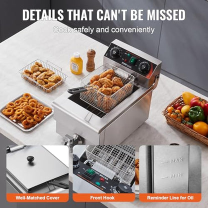 VEVOR Commercial Deep Fryer, 1500W Electric Countertop Fryer with Basket, 11.6Qt / 11L Stainless Steel Single Oil Fryer with Time & Temp Control, Overheat Protection, for Kitchen Restaurant Use - size: Single Fryer, style: Upgraded with Timer & Oil Filtra