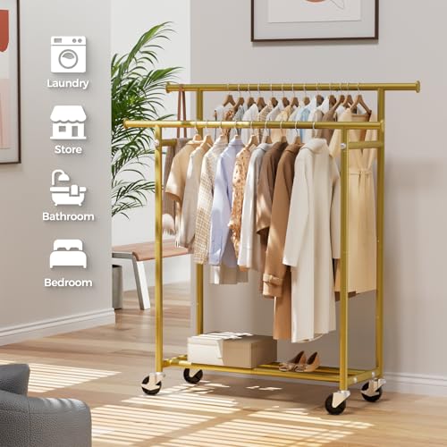HYSEYY Clothes Rack, Double Rods Rolling Clothing Rack for Hanging Clothes, Portable Garment Rack with Wheels, Coat Rack Wardrobe Closet Load 240 LBS for Bedroom Laundry Room (Glod, L) - color: Glod