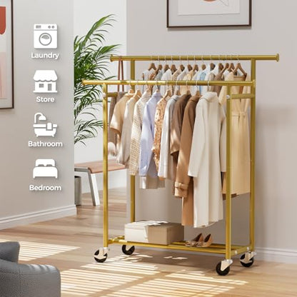 HYSEYY Clothes Rack, Double Rods Rolling Clothing Rack for Hanging Clothes, Portable Garment Rack with Wheels, Coat Rack Wardrobe Closet Load 240 LBS for Bedroom Laundry Room (Glod, L) - color: Glod
