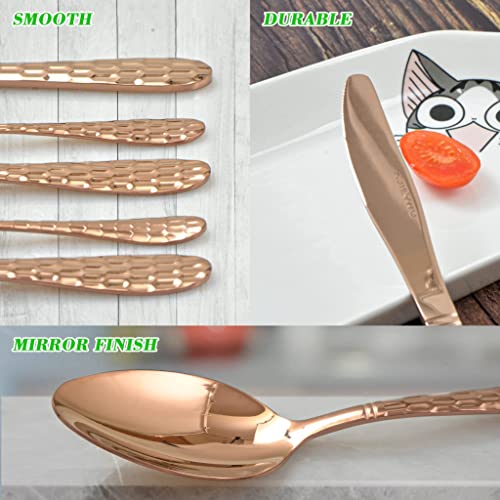 Hammered Silverware Set 20-Piece, 18/10 Stainless Steel Flatware Cutlery Silverware Set Service for 4, Unique Design Knife Fork Spoon Silverware Set, Mirror Polished,Dishwasher Safe (Rose Gold) - color: Rose Gold
