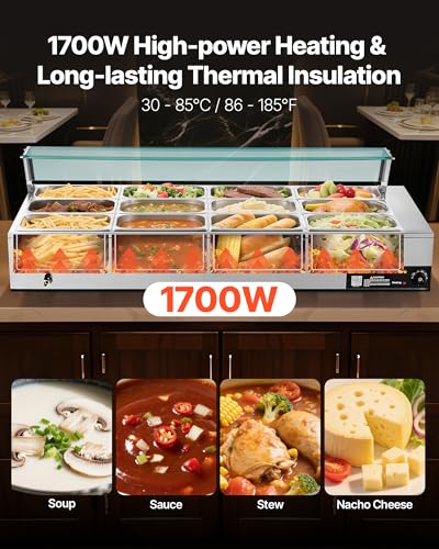 VEVOR Commercial Food Warmer, 1700W Electric Stainless Steel Steam Food Warmer with Glass Cover, 12-Pan Countertop Buffet Bain Marie with Soup & Perforated Ladles, for Catering, Restaurant & Party - size: 56.3 x 22.44 x 15.16 in