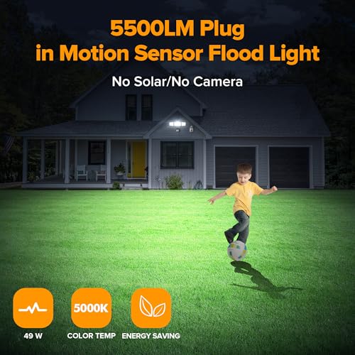 LUTEC 2 Pack 50W Motion Sensor Outdoor Lights, 5500 LM Plug in Flood Light Outdoor, Dusk to Dawn, IP65 Waterproof Security Lighting, 5000K Daylight, Adjustable Wall-Mounted for Garage, Yard, Porch - color: Black with plug, size: 2 Pack