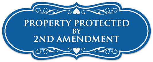 Signs ByLITA Designer Property Protected by 2nd Amendment Sign - Easy Installation | Durable Wall or Door Sign (Blue) - Large - color: Blue, size: Large (3.5" x 9")