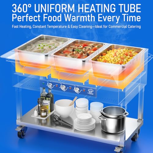 TOPKITCH Commercial Electric Food Warmer Soup Station - 3 Independent 19.5L Pans with German EGO Thermostat, Rolling Stand with Adjustable Shelves for Restaurant, Catering, Party - size: TC-3P