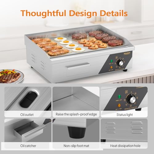 ROVSUN 22" Electric Griddle, Electric Countertop Half Flat Top Griddle, 1600W Grill Stainless Steel with Adjustable Temperature Control 122°F-572°F for Commercial Home Restaurant, Plug - size: 22"