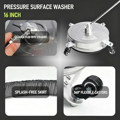 Hourleey 16" Pressure Washer Surface Cleaner, Stainless Steel Surface Cleaner with 4 Wheels for Concrete, Patio, Sidewalk, Deck, Pathway 1/4" Quick Connector, 2 Extension Wand, 4000 PSI - size: 16 Inch