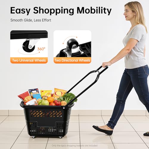 6 PCS Rolling Shopping Basket, 9 Gal Plastic Shopping Carts (Black) - color: Black
