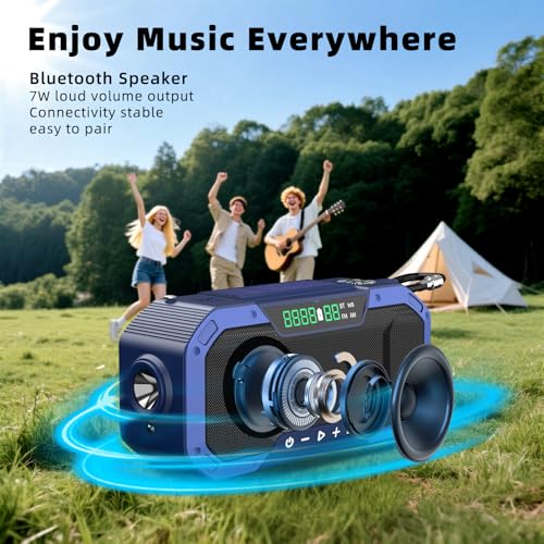 KAYINOW Emergency NOAA Weather Radio, Solar Hand Crank FM AM Radio with Bluetooth Speaker, 5000mAh/18500mWh Battery Powered, Flashlight, IPX5 Waterproof, SOS Alarm for Survival Hurricane Camping - color: Blue