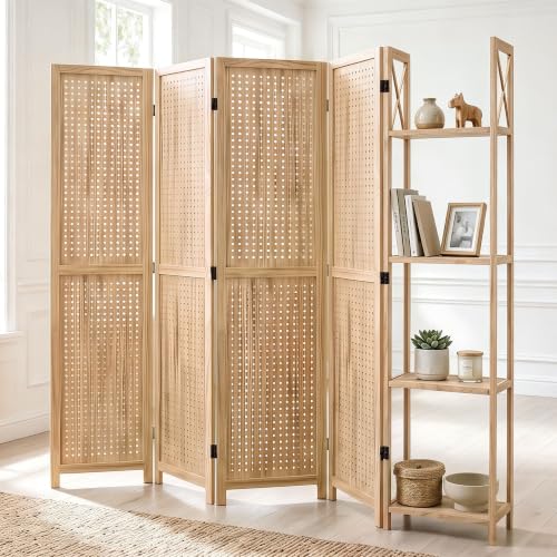 Svimi Pegboard Room Divider with Shelves, 4 Panel Display Screen, Natural - color: Natural-shelves, size: 4 Panels