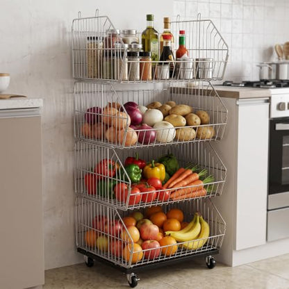 KAXIWEI 4-Tier Folding Storage Rack Wire Grid Display Rack with Wheels