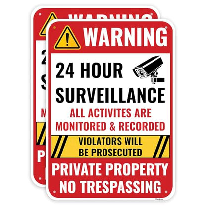 2PC 24 Hour Surveillance Sign, 14 x 10 Inches - Aluminum - Private Property No Trespassing - Security Camera Metal Warning Signs
