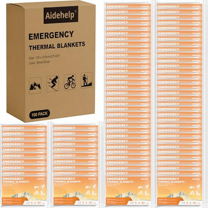 100 Pack Emergency Blankets - Mylar Thermal Space Blankets for Survival and Protection - Ideal for Camping, Outdoors, Hiking, Rescue, Marathons - size: 100 PACK
