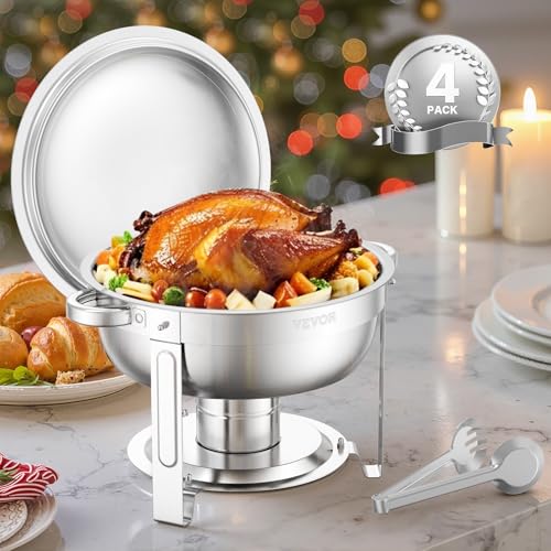 VEVOR Chafing Dish Buffet Set, 5 Qt 4 Pack, Stainless Steel Chafer with 4 Full Size Pans, Round Catering Warmer Server with Lid Water Pan Folding Stand Clip, for Weddings Parties Banquets, Silver - size: 4packs Silver