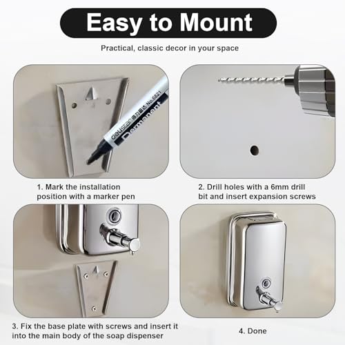 Heavy Duty Soap Dispenser Wall Mount Stainless Steel Soap Dispenser Manual Liquid Pump Rust-Proof Leak Free Pump for Commercial & Home Kitchen Bathroom (34 fl.oz./1000ml)