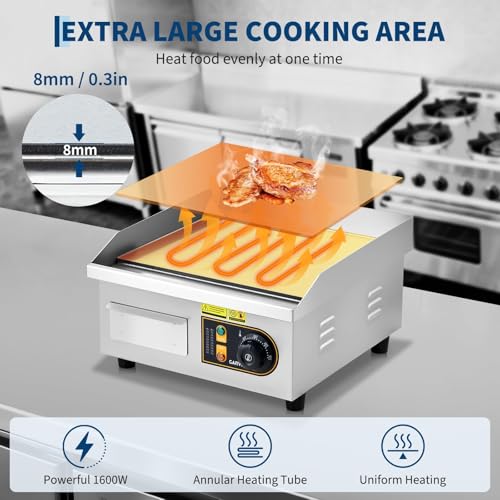 Garvee 14in Commercial Electric Griddle, 1700W Countertop Flat Top Grill, Stainless Steel Griddle Grill with 2 Shovels and 2 Brushes for Home or Restaurant, 122℉-572 ℉ Adjustable Temp - size: 14inch