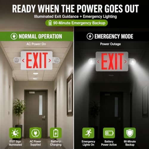 LED Exit Sign Combo with Emergency Lights, Battery Backup, Hardwired - size: 1 Pack