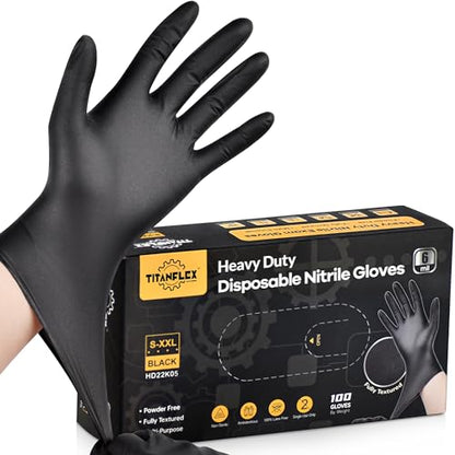 TitanFlex Heavy Duty Black Nitrile Gloves, 6 Mil, Fully Textured, Mechanic Disposable Gloves, Latex Free, Powder Free - size: Large