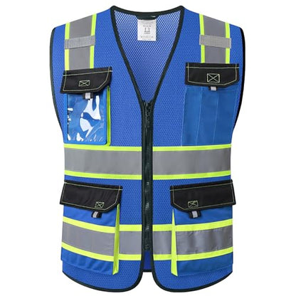 JKSafety Safety Vest for Men Women Hi Vis Reflective Vest JK220 Blue L - color: Blue, size: Large