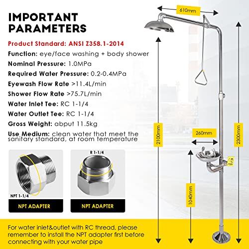 CGOLDENWALL Emergency Shower Eyewash Station Combination Eye Wash Station with Shower Safety Shower Eye&Face Washing Unit, 304 Stainless Steel, with Eyewash Sign, NPT thread