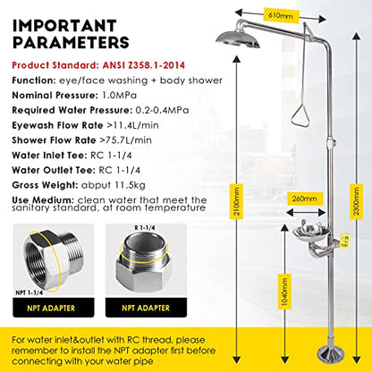 CGOLDENWALL Emergency Shower Eyewash Station Combination Eye Wash Station with Shower Safety Shower Eye&Face Washing Unit, 304 Stainless Steel, with Eyewash Sign, NPT thread