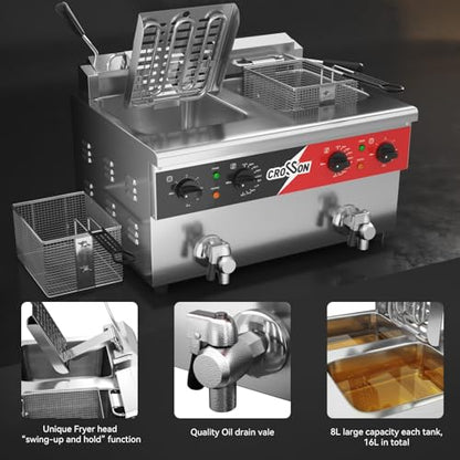 CROSSON 16L Dual Tank Countertop Electric Deep Fryer with "Swing-up and Hold",Drain Valve,Strech forming Oil Tank and Solid Wire Mesh Basket for Restaurant Use 120V,3600W Commercial Deep Fryer - size: Double Tank,16L