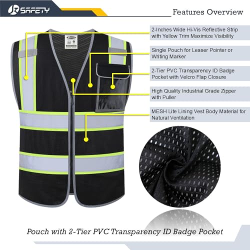 JKSafety Hi-Vis Multiple Pockets Lite MESH Lining Meets ANSI/ISEA Standards - color: Black Yellow Strips, size: XX-Large