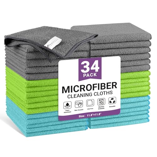 34 Pack Microfiber Cleaning Cloth, 3 Assorted Colors Cleaning Rags for Housekeeping, Colorful Reusable Microfiber Towels for Car, Kitchen, Bathroom and Household Cleaning Supplies, 11.8"X11.8" - color: Assorted - 3 Colors, size: 1 Count (Pack of 34)