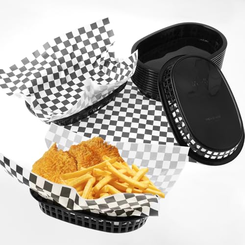 Rainmae Plastic Food Baskets with Parchment Paper Liners, 12 Fast Food Baskets with 100 Deli Paper Sheets, Snacks Basket, Candy Fruits basket, Plastic Baskets, Restaurant Baskets for Food-Retro Style - color: Black(12 Pcs+100 Deli Paper）