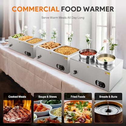 WILPREP Commercial Food Warmer with Two 7.4 QT Inserts, 1500W Countertop Electric Steam Table, 86-185°F Adjustable Temp Control & Over-Temp Protection, Stainless Steel - size: 7L*2