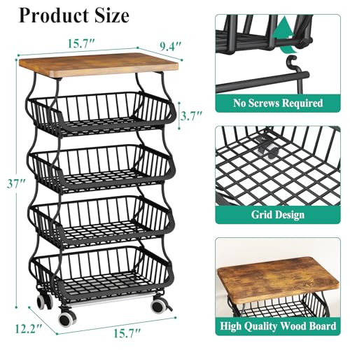 SAYZH 5-Tier Fruit and Vegetable Basket Stand for Kitchen, Wood Top, Black - color: Black, size: 5 Tiers