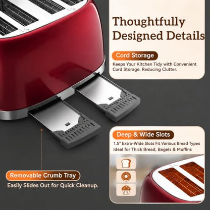RONGBEST Retro 4 Slice Stainless Steel Toaster with Wide Slot Touch Screen for Family Breakfast, Reheat & Defrost, 6 Browning Levels for Bagel & Bread, Easy Removable Crumb Tray, Red Pearl - color: Red Pearl