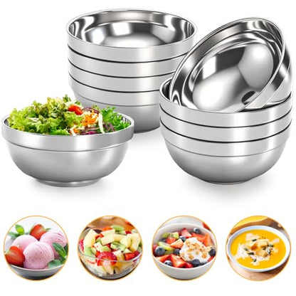 yarlung 10 Pack Stainless Steel Bowls 6.3 Inch Snacks Bowls, 25 Oz Soup Bowls Lightweight Salad Bowls Double-walled Metal Serving Dishes for Sauces, Noodle, Ice Cream