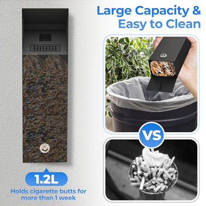 Wall mounted Cigarette Butt Disposal,Receptacle,Bin,Ashtray,Fireproof, Prevention of Waterlogging, Corrosion Resistant, Smokeless, Suitable for Park,Outdoor,Offices,Smoking Areas.Black