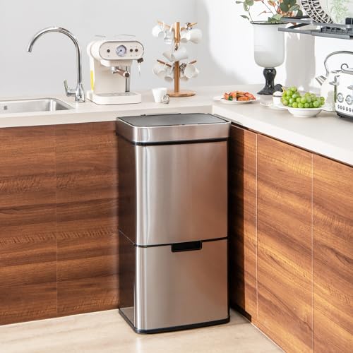 Goplus 19 Gal Motion Sensor Trash Can, 72 L Volume in 4 Containers, Touchless Trash Bin w/Kitchen Waste Bin & 2 Bottom Recycling Bins, Stainless Steel Garbage Can w/Soft Close Lid, Battery Operated - color: Silver, size: 19 Gallon