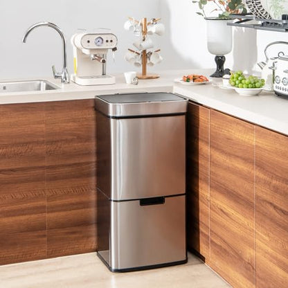 Goplus 19 Gal Motion Sensor Trash Can, 72 L Volume in 4 Containers, Touchless Trash Bin w/Kitchen Waste Bin & 2 Bottom Recycling Bins, Stainless Steel Garbage Can w/Soft Close Lid, Battery Operated - color: Silver, size: 19 Gallon