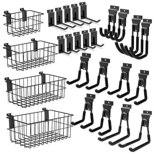26PCS Slatwall Accessories Set, 4 Ventilated Wire Baskets & 22 Heavy Duty Hooks for Garage Shop Storage - color: Black, size: 26
