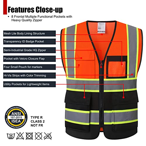Reflective Safety Vest for Men Women Hi Vis Vest with 8 Pockets High Visibility Mesh Reflective Vest Meets ANSI/ISEA Standards (Orange-Black-07, M) - color: Orange-black-07, size: Medium