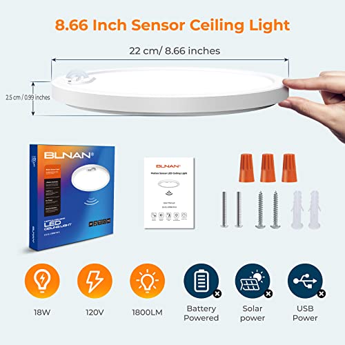 BLNAN Motion Sensor Ceiling Light Wired, 8.7 Inch 3000K 4000K 5000K Selectable LED Flush Mount Light Fixture, Motion Activated Light with Timer for Hallway Stair Walk-in Closet, Non-Dimmable 1 Pack - size: 8.7inch-1pack White