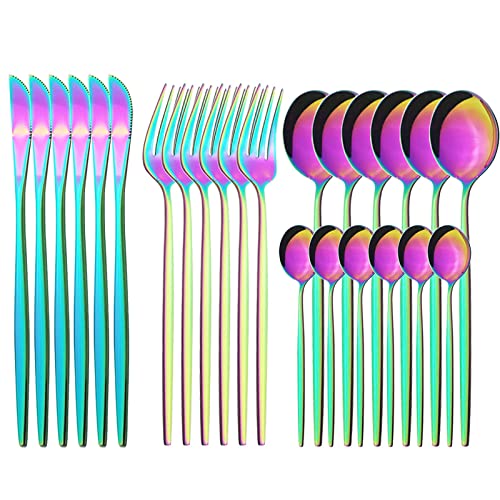 24-Piece Mirror Rainbow Flatware, 18/0 Stainless Steel Dinnerware Set Include Knife Fork Spoon Teaspoon Cutlery Set For Home Restaurant and Party Service For 6, Dishwasher Safe - color: Rainbow