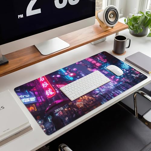 Desk Mat,Cyberpunk Neon City Large Gaming Mouse Pad for Desk XXL,Futuristic Night Street Desk Pad,Extended Big Computer Keyboard Mouse Pad with Non-Slip Base and Stitched Edge 35.4"x15.7" - color: Cyberpunk Neon City, size: 15.7" x 35.4"