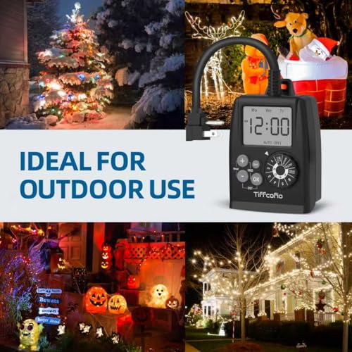 TiFFCOFiO New Digital Outdoor Timer Outlet, Dial Programmable Method, Outdoor Light Timer Waterproof, 2 Grounded Electrical Outlets for Christmas Lights, 6 Sets of Programs, 15A/1875W (2 Packs) - size: Digital, 2 PACKS