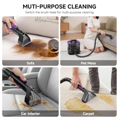 Portable Carpet Cleaner & Upholstery Cleaner Machine - 21Kpa Carpet Cleaner Machine, Self-Cleaning, Deep Cleaner for Pet Stains, Cars, Couch, Rug, Furniture with Dual Brush, Large Tank, Purple
