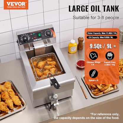 VEVOR Commercial Deep Fryer, 1500W Electric Countertop Fryer with Basket, 11.6Qt / 11L Stainless Steel Single Oil Fryer with Time & Temp Control, Overheat Protection, for Kitchen Restaurant Use - size: Single Fryer, style: Upgraded with Timer & Oil Filtra
