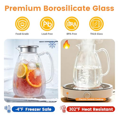 Glass Pitcher with Lid and Handle, 2.2L/74 oz Borosilicate Glass